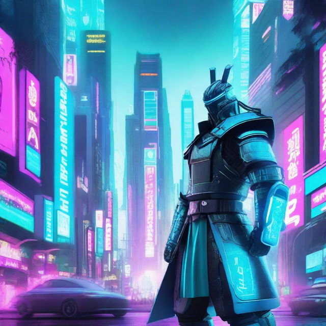 A cyberpunk samurai wearing turquoise-colored armor, standing in a neon-lit futuristic cityscape