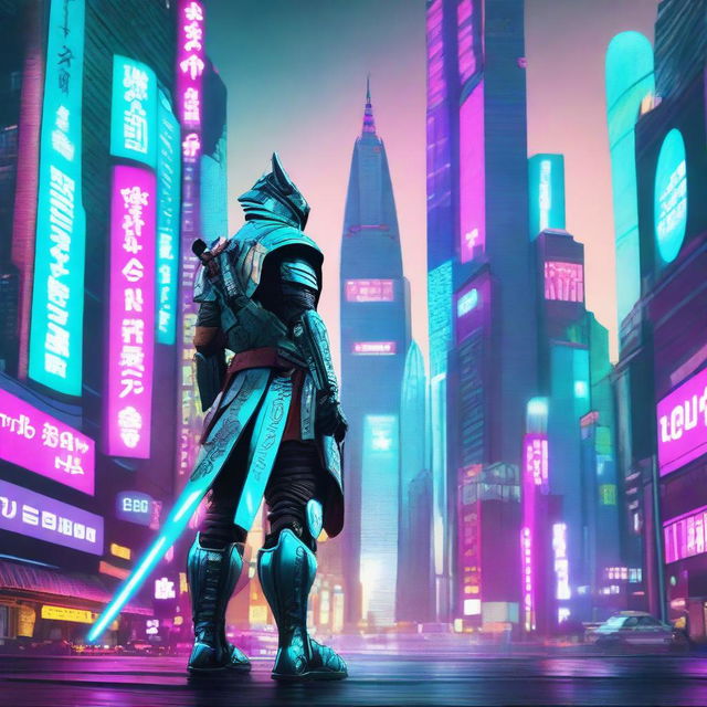 A cyberpunk samurai dressed in futuristic turquoise armor, standing in a neon-lit cityscape with towering skyscrapers and holographic advertisements