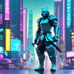 A cyberpunk samurai dressed in futuristic turquoise armor, standing in a neon-lit cityscape with towering skyscrapers and holographic advertisements