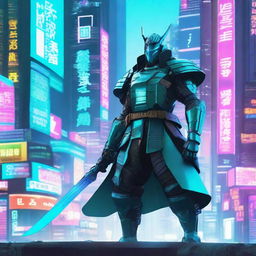 A cyberpunk samurai dressed in futuristic turquoise armor, standing in a neon-lit cityscape with towering skyscrapers and holographic advertisements