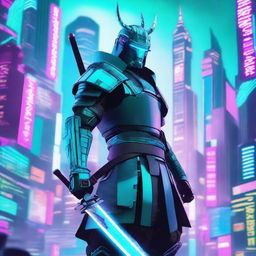 A cyberpunk samurai dressed in futuristic turquoise armor, standing in a neon-lit cityscape with towering skyscrapers and holographic advertisements