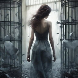 A book cover featuring a young woman seen from the back, walking on shards of glass, inside a cage