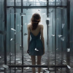 A book cover featuring a young woman seen from the back, walking on shards of glass, inside a cage