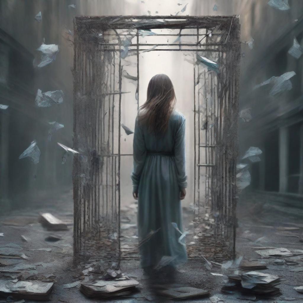 A book cover featuring a young woman seen from the back, walking on shards of glass, inside a cage