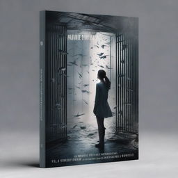 A book cover featuring a young woman seen from the back, walking on shards of glass, inside a cage