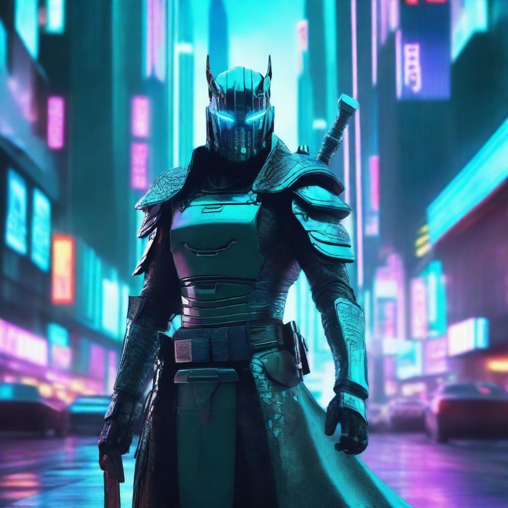 A high resolution vertical image of a cyberpunk samurai wearing turquoise color armor