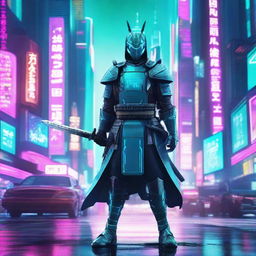 A high resolution vertical image of a cyberpunk samurai wearing turquoise color armor