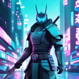 A high resolution vertical image of a cyberpunk samurai wearing turquoise color armor