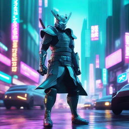 A high resolution vertical image of a cyberpunk samurai wearing turquoise color armor