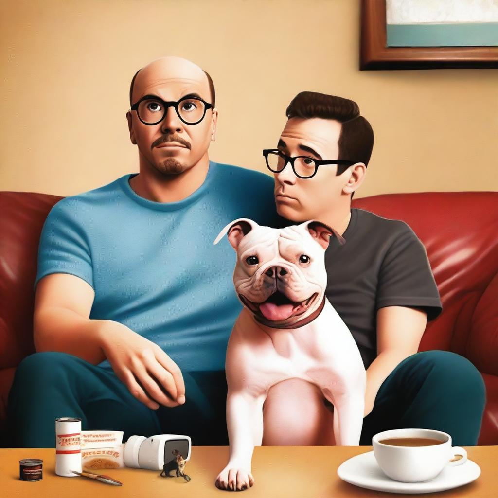 A movie poster for a heartwarming and humorous buddy comedy featuring a 28-year-old balding man with black glasses and a pitbull