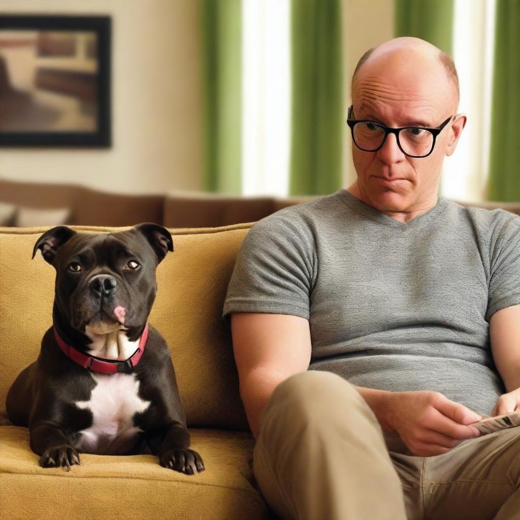 A movie poster for a heartwarming and humorous buddy comedy featuring a 28-year-old balding man with black glasses and a pitbull