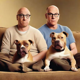 A movie poster for a heartwarming and humorous buddy comedy featuring a 28-year-old balding man with black glasses and a pitbull