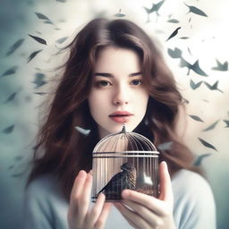 A young woman with wavy brown hair is holding a small cage with a bird inside, close to her face