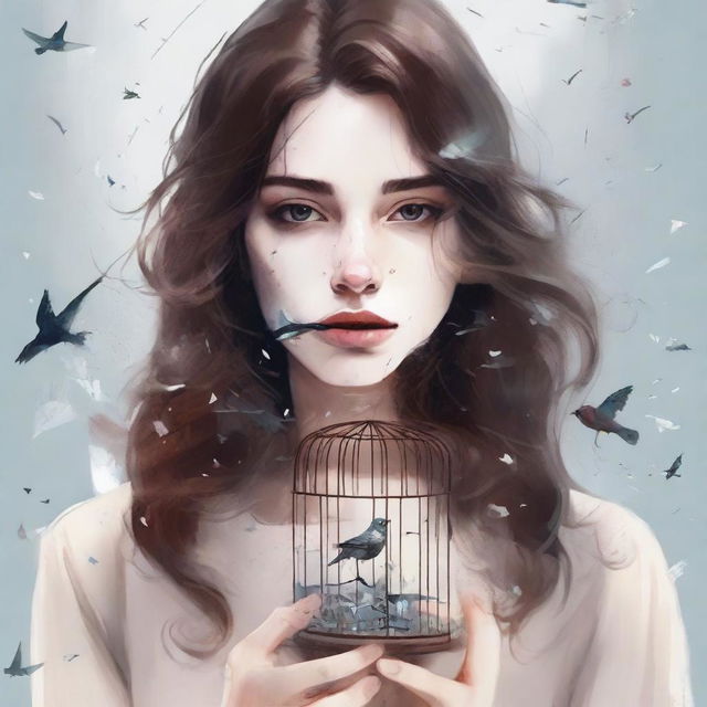 A young woman with wavy brown hair is holding a small cage with a bird inside, close to her face