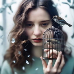 A young woman with wavy brown hair is holding a small cage with a bird inside, close to her face