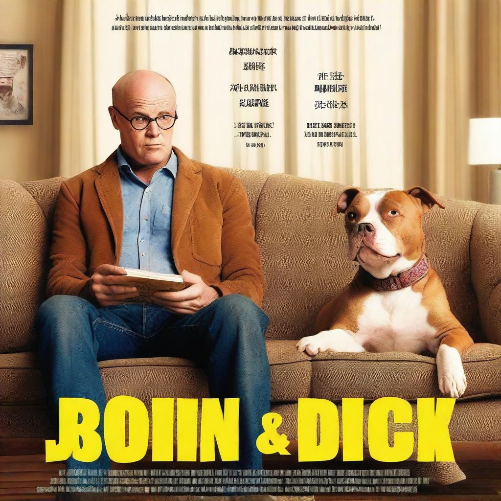 A movie poster for a heartwarming buddy comedy titled 'John and Dick,' featuring a 28-year-old white man who is balding and wears glasses, and a tan-colored pitbull