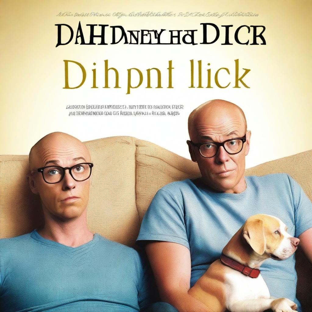 A movie poster for a loveable comedy titled 'John and Dick' in English, featuring a 28-year-old white man who is balding and wears glasses, and a tan-colored pitbull