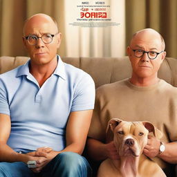 A movie poster for a loveable comedy titled 'John and Dick' in English, featuring a 28-year-old white man who is balding and wears glasses, and a tan-colored pitbull