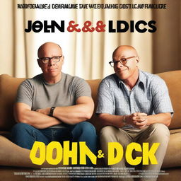 A movie poster for a loveable comedy titled 'John and Dick' in English, featuring a 28-year-old white man who is balding and wears glasses, and a tan-colored pitbull