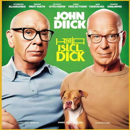 A movie poster for a loveable comedy titled 'John and Dick' in English, featuring a 28-year-old white man who is balding and wears glasses, and a tan-colored pitbull