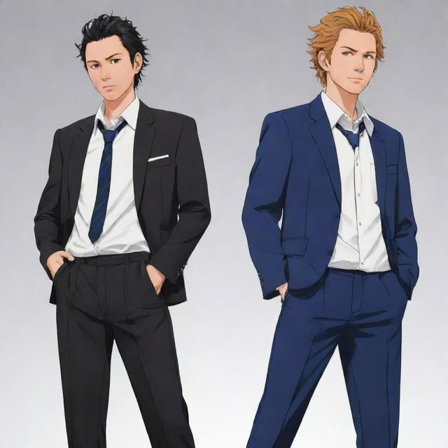 Mikey and Takemichi from the anime 'Tokyo Revengers', standing together in their signature outfits and striking poses reflecting their characters' personalities.