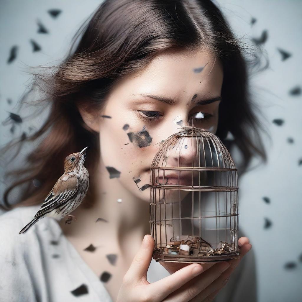 A young woman with wavy brown hair is holding a small cage with a bird inside, close to her face