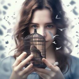 A young woman with wavy brown hair is holding a small cage with a bird inside, close to her face