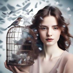 A young woman with wavy brown hair is holding a small cage with a bird inside, close to her face