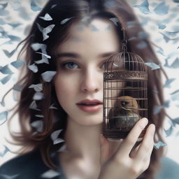 A young woman with wavy brown hair is holding a small cage with a bird inside, close to her face