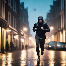 An athletic man jogging through the streets of Amsterdam at night while it is raining