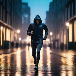 An athletic man jogging through the streets of Amsterdam at night while it is raining