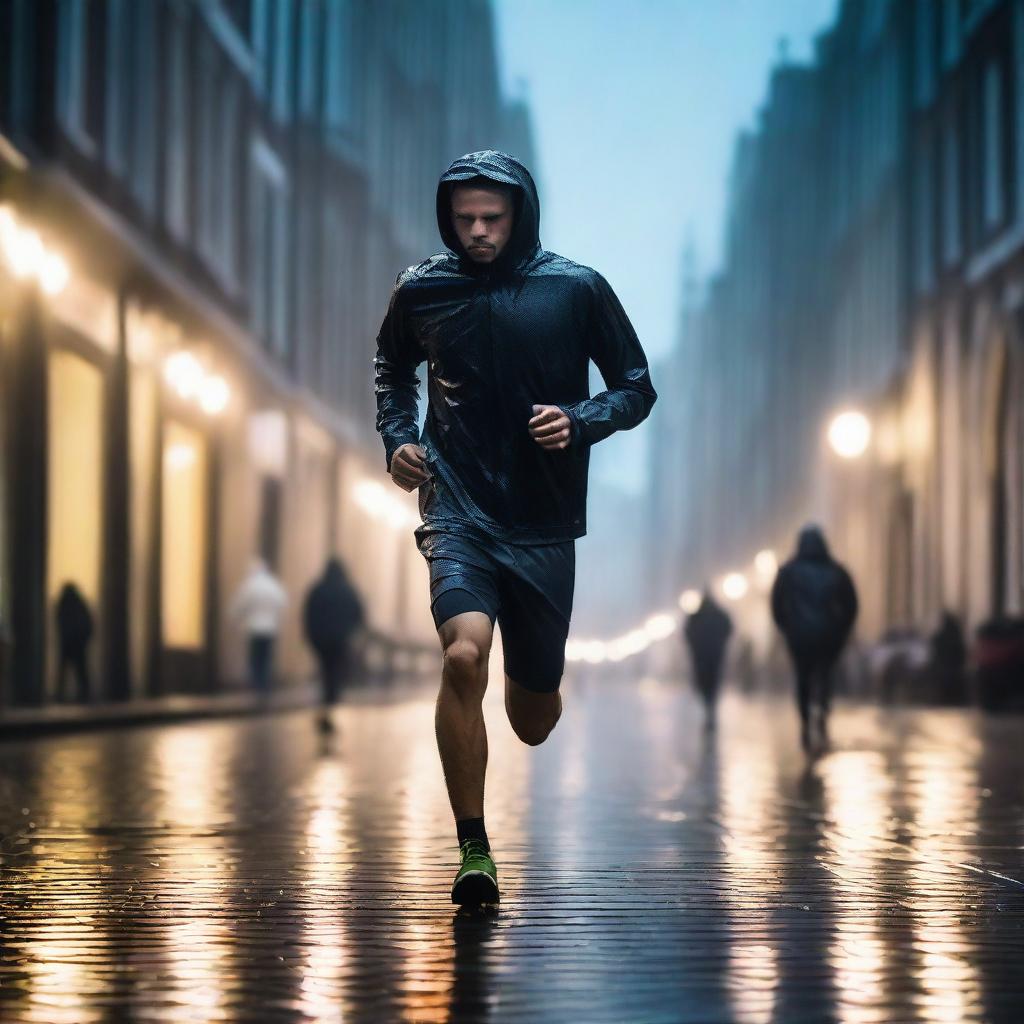 An athletic man jogging through the streets of Amsterdam at night while it is raining