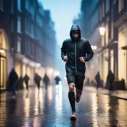 An athletic man jogging through the streets of Amsterdam at night while it is raining