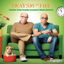 A movie poster for a loveable comedy featuring a 28-year-old white man who is balding and wears glasses, and a tan-colored pitbull