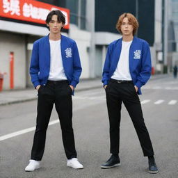 Mikey and Takemichi from the anime 'Tokyo Revengers', standing together in their signature outfits and striking poses reflecting their characters' personalities.