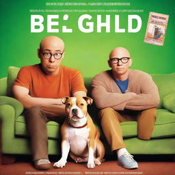 A movie poster for a loveable comedy featuring a 28-year-old white man who is balding and wears glasses, and a tan-colored pitbull