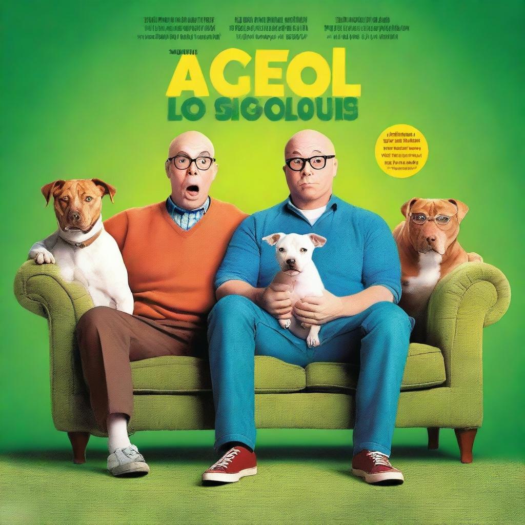 A movie poster for a loveable comedy featuring a 28-year-old white man who is balding and wears glasses, and a tan-colored pitbull