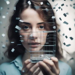 A young woman with wavy brown hair is holding a small cage close to her face