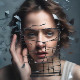 A young woman with wavy brown hair is holding a small cage close to her face