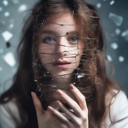 A young woman with wavy brown hair is holding a small cage close to her face