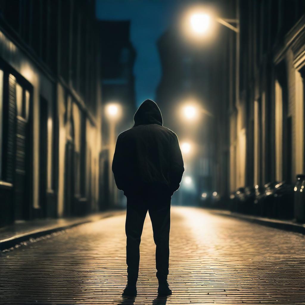 A scene showing the back of an athletic man standing in a street in Amsterdam at night