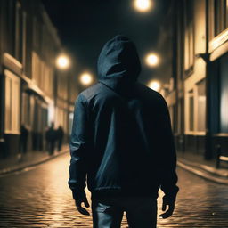 A scene showing the back of an athletic man standing in a street in Amsterdam at night