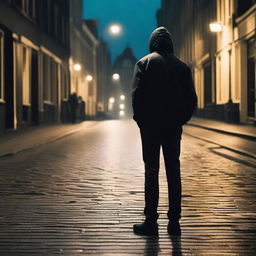 A scene showing the back of an athletic man standing in a street in Amsterdam at night