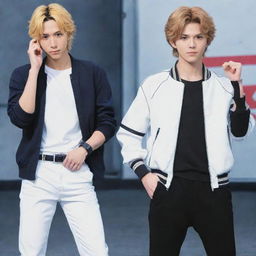 Mikey and Takemichi from the anime 'Tokyo Revengers', standing together in their signature outfits and striking poses reflecting their characters' personalities.