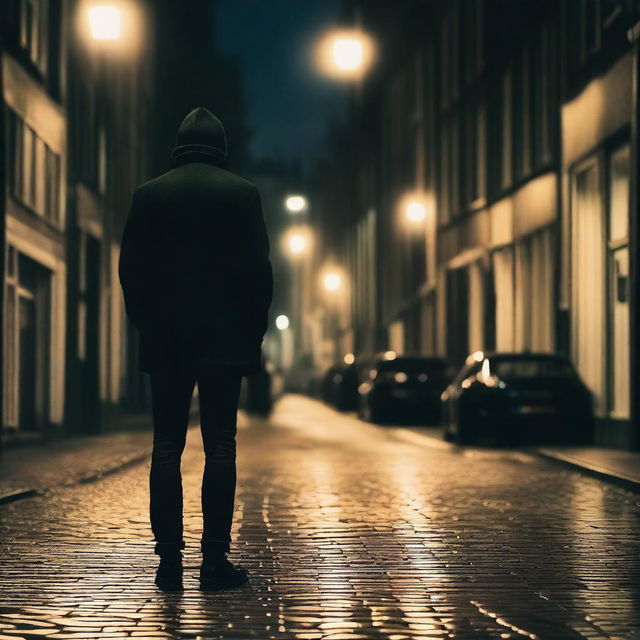 A scene showing the back of an athletic man standing in a street in Amsterdam at night