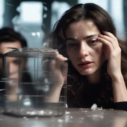 A young woman with wavy brown hair is holding a small cage close to her face