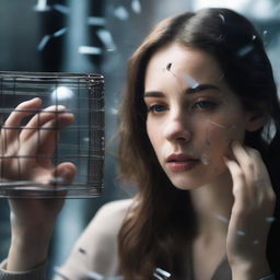 A young woman with wavy brown hair is holding a small cage close to her face