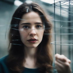 A young woman with wavy brown hair is holding a small cage close to her face