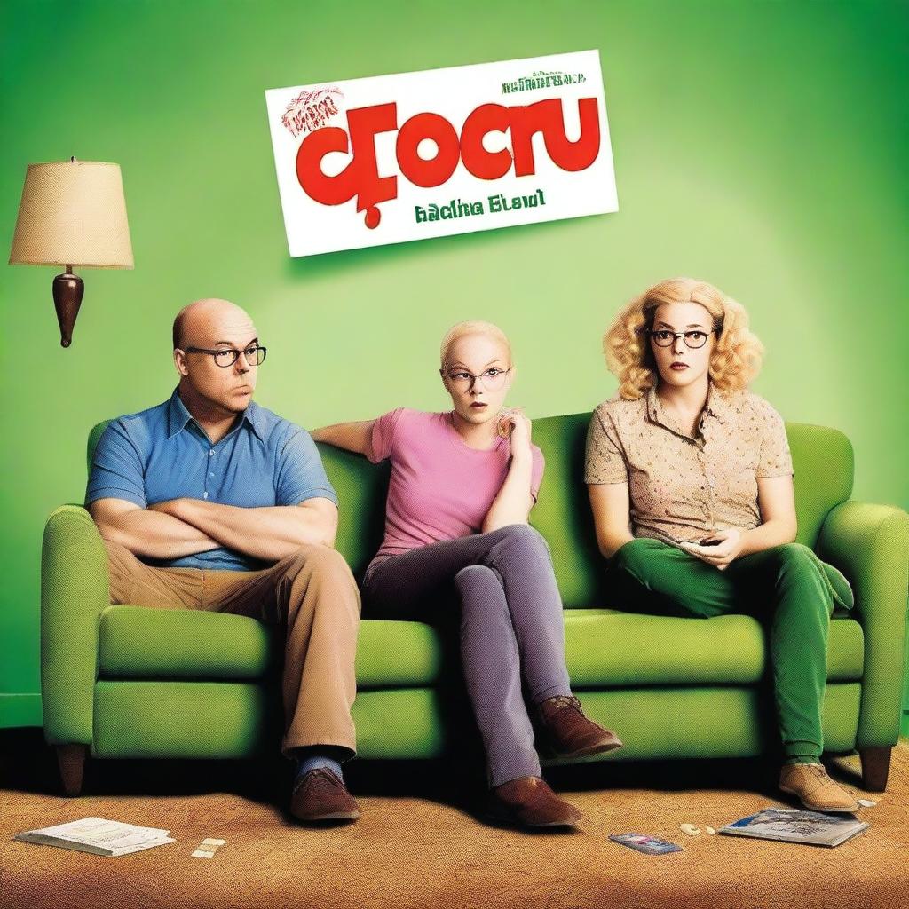 A movie poster for a loveable comedy featuring a 28-year-old white man who is balding but has some hair and wears glasses, a tan-colored pitbull, and a small blonde woman lurking in the background