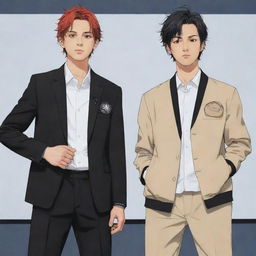 Mikey and Takemichi from the anime 'Tokyo Revengers', standing together in their signature outfits and striking poses reflecting their characters' personalities.